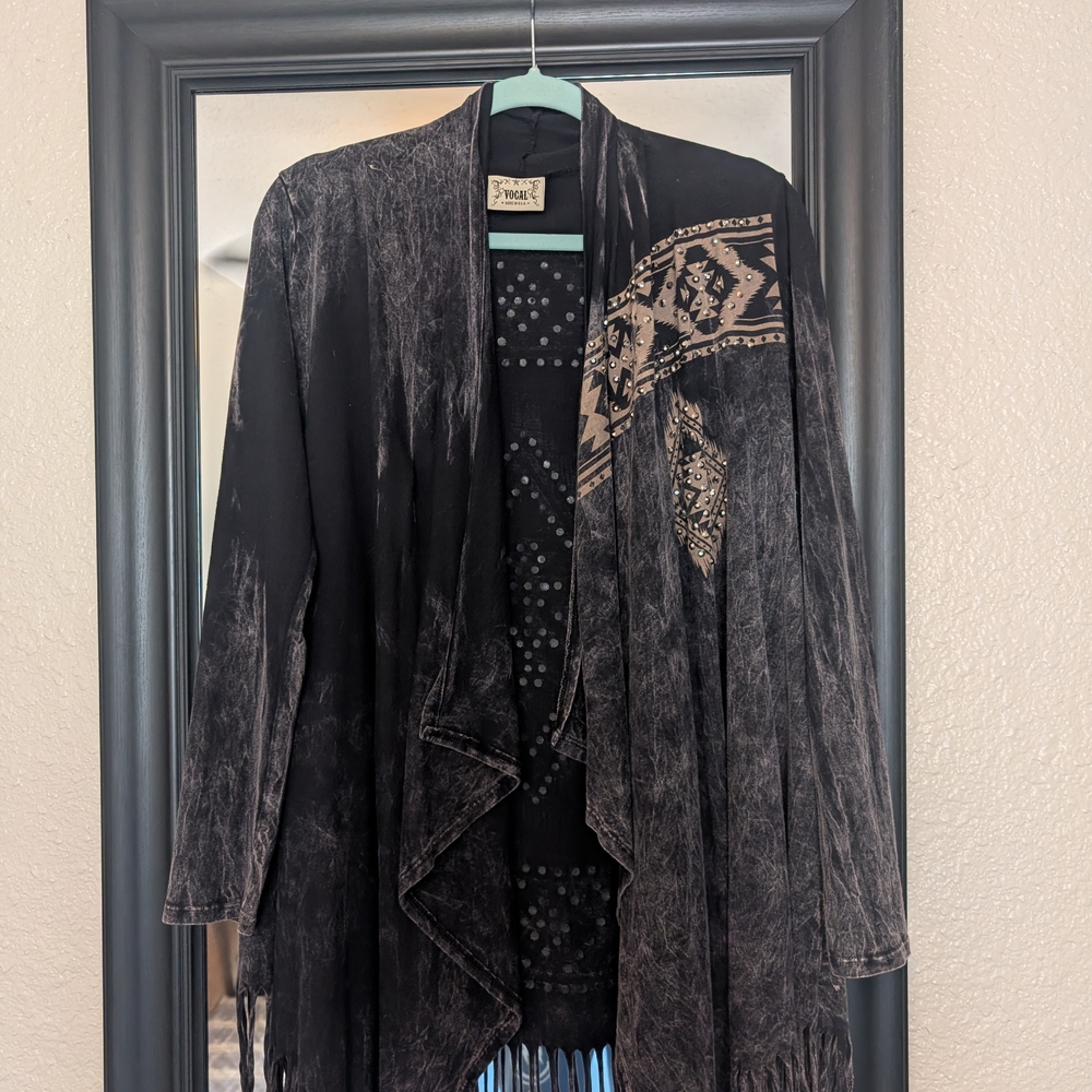 Vocal Black and Tan Cardigan with Fringe